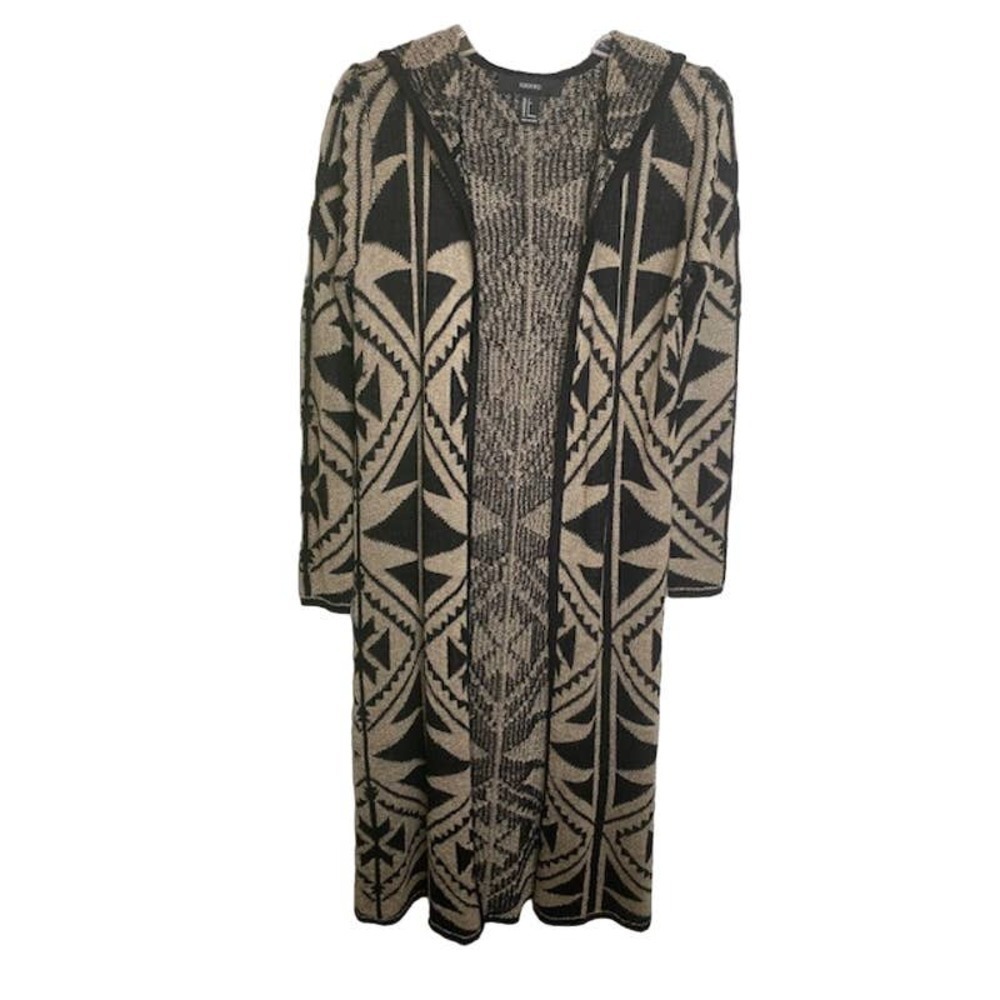 FOREVER 21 BLACK/BEIGE HOODED OPEN FRONT MAXI CARDIGAN SIZE: S - Picture 6 of 6